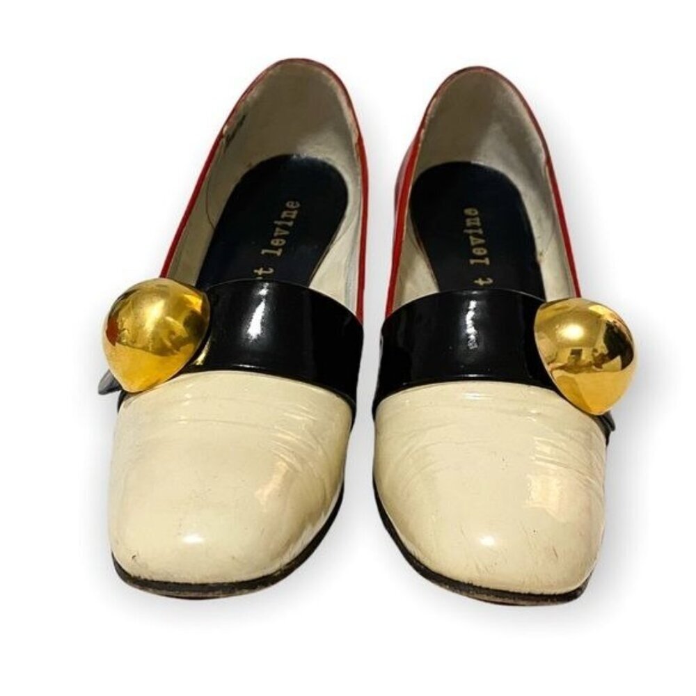 Vintage 1960s Herbert Levine Mod Patent Color Block Pumps Gold Orb Original Box - Picture 13 of 16